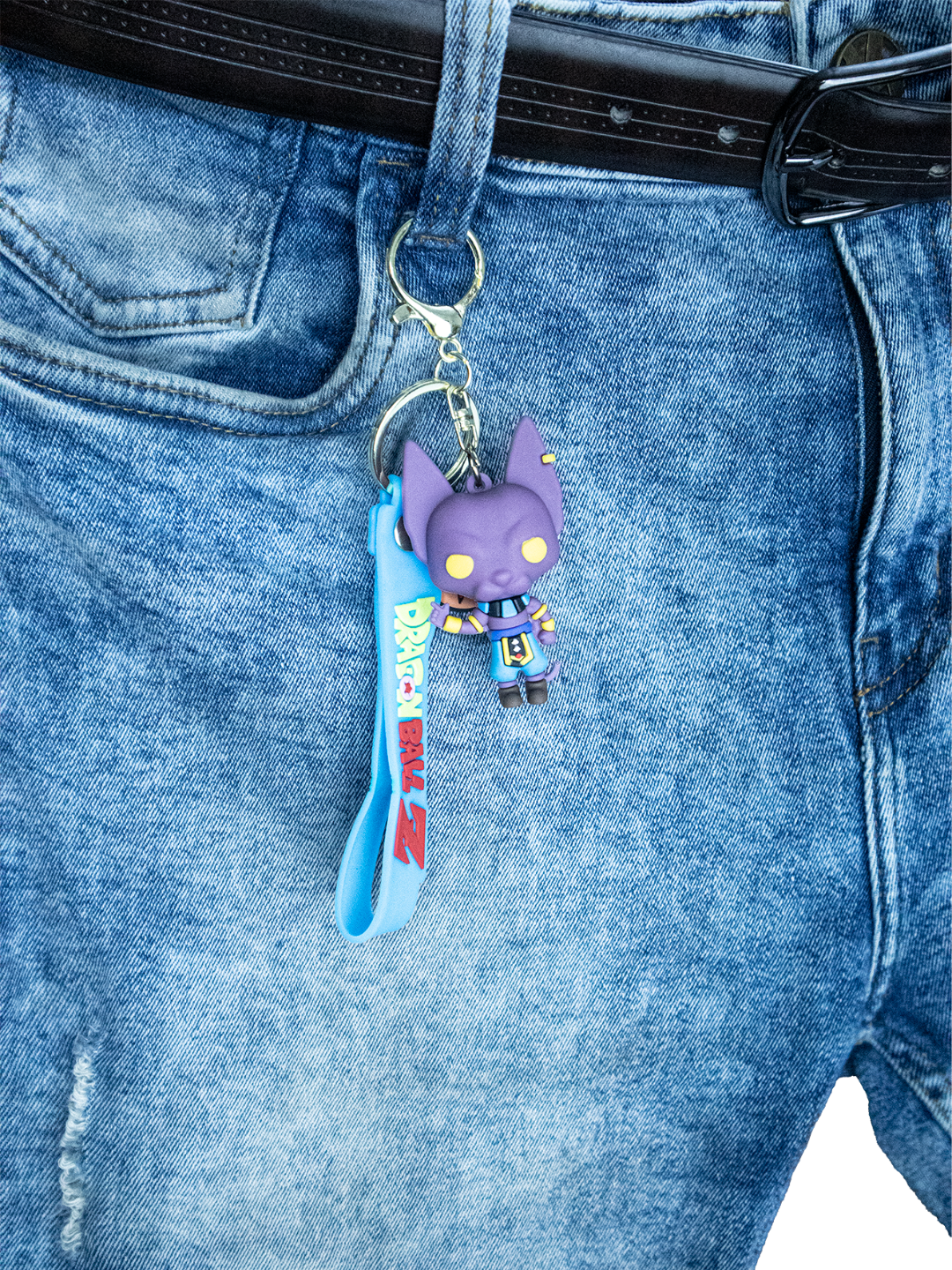 Lord Beerus Dragon Ball Anime Keychain on a Jeans