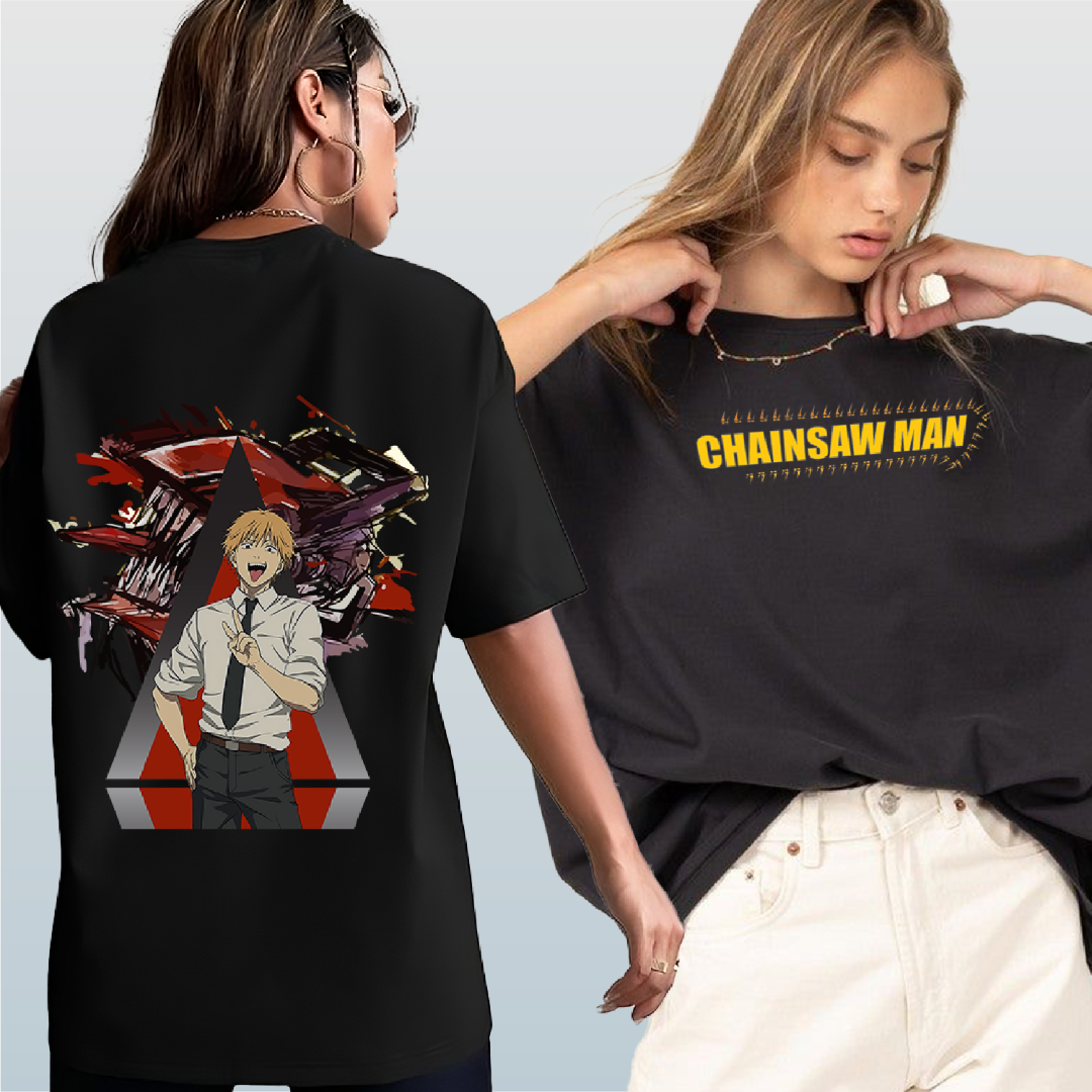 front and back view black tshirt Denji Oversized Tshirt from Chainsaw Man