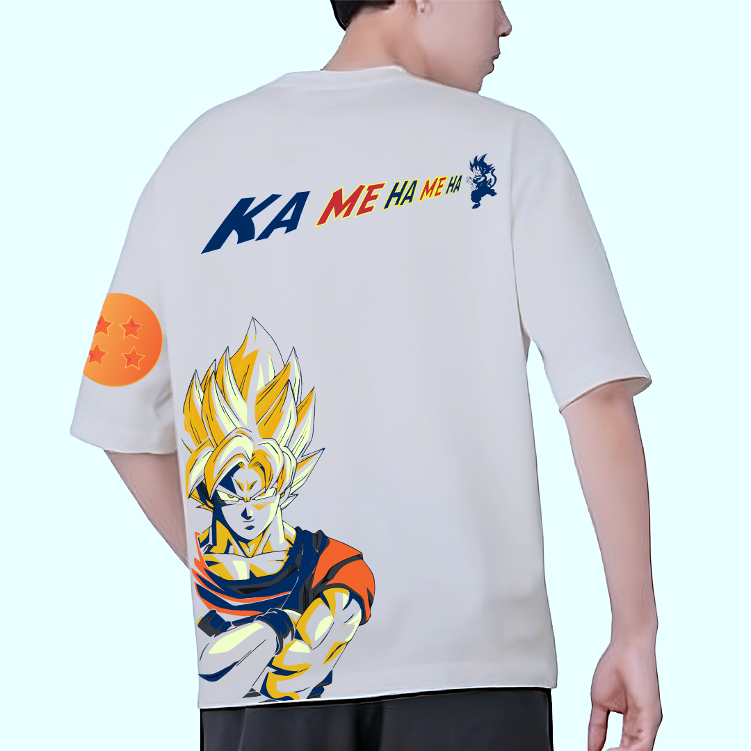 Saiyan Goku Oversized Tshirt beige Color on a Medium Sized Male Model