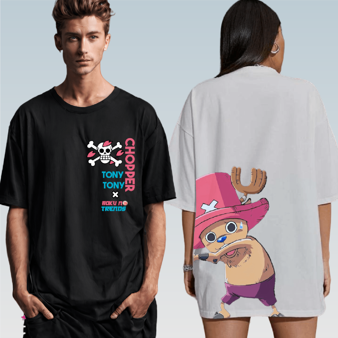 Hiding Tony Chopper One Piece Oversize Tshirt Front and Back view on male and female models