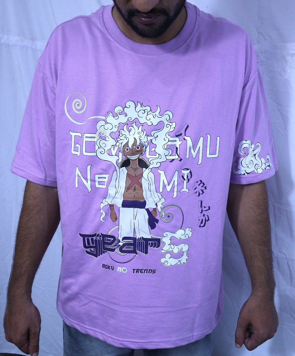 Purple Lilac Violet Oversized Gear 5 Luffy Tshirt on Male Model